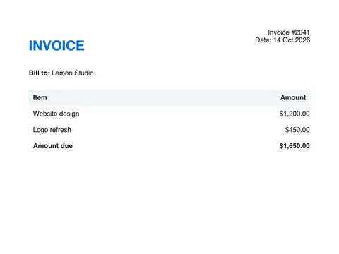 A one-page invoice PDF from the demo files: Invoice #2041, dated 14 Oct 2026, billed to Lemon Studio, amount due $1,650.00
