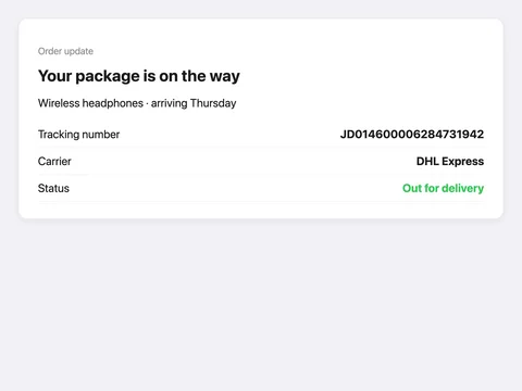 Screenshot of an order update: Your package is on the way, with a DHL Express tracking number and the status Out for delivery