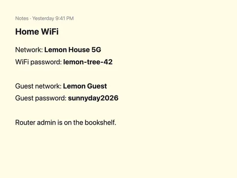 Screenshot of a note titled Home WiFi with network names and passwords