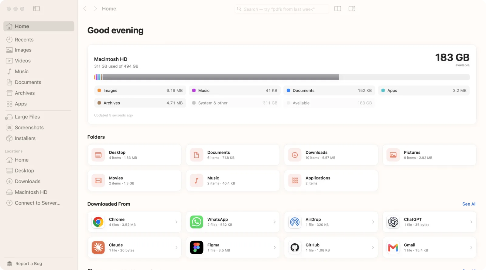 Seek's Home screen: disk usage by kind, your main folders, and downloads grouped by the app or site they came from