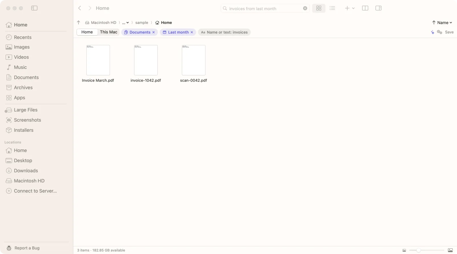 Seek searching for “invoices from last month”, with Documents, Last month and invoices shown as filters above three matching PDFs